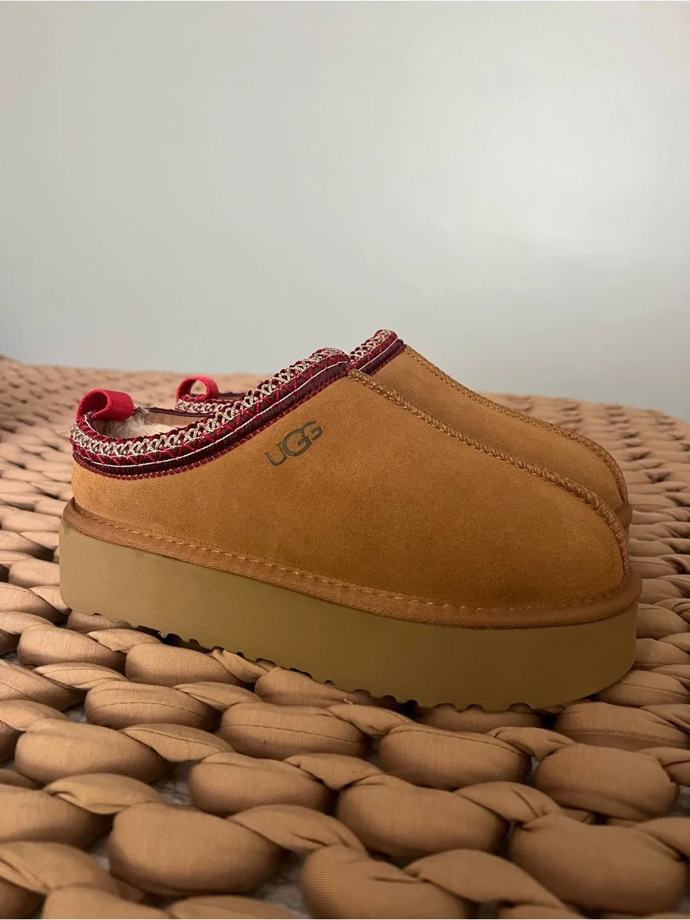 UGG Chestnut Mule Slippers with Red Trim - Picture 3 of 6